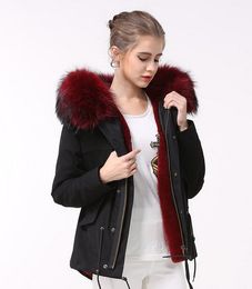 Meifeng brand Lavish wine red fur trim rabbit fur lined black mini jackets snow parka women coats with ykk zipper good quality