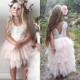 Romantic 2018 Boho Country Flower Girl Dresses For Weddings Cheap Crew Ivory Lace Blush Pink Tulle Tiered Girls Formal Gown EN2204