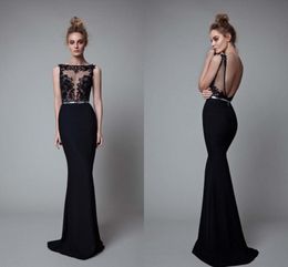 Black Berta Mermaid Evening Dresses Sexy Backless Sheer Bateau Lace Applique Evening Gowns Modest Floor Length Prom Dress
