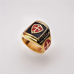 316 stainless steel golden antique men's soldiers knights templar regalia sword rings with black and red stone enamel