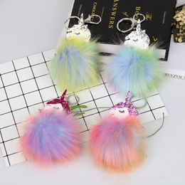 Colourful pompom keychain Unicorn key chain fluffy fake rabbit fur ball women car bag pompon key ring pom pom holder Christmas