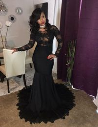 Sexy Mermaid Prom Dress Black Lace Beaded Elegant Long Sleeves Party Formal Dresses Evening Dresses Gowns