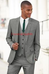 Popular Two Buttons Grey Groomsmen Notch Lapel Groom Tuxedos Black brothers Wedding/Prom/Dinner Best Man Blazer(Jacket+Pants+Tie+Vest)