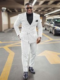 New Fashion White with Strips Groom Tuxedos Double-Breasted Groomsmen Men Business Formal Suit Party Prom Suit(Jacket+Pants+Tie) NO: 119