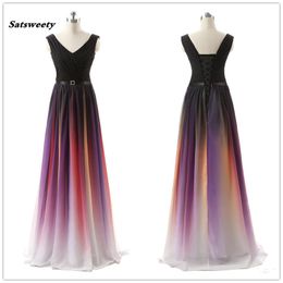 Sex Prom Dresses Belt Backless Gradient Colour Black Chiffon Formal Occasion Evening Gowns Real Photos Plus Size