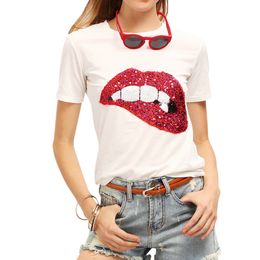 2018 T-shirts for women summer short sleeve sequin red lips tshirt ladies fitness harajuku white black gray top tees