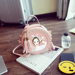 2018 Kids Bags Print Tassel Design Girls Inclined Shoulder Bag PU Leather Small Round Bag Funny Travelling Backpacks Mini Crossbody Bags