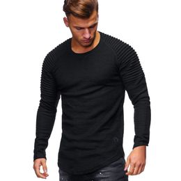 Men Casual Tops Long-sleeved T-shirt Solid Colour Fold Round Neck Slim Solid Colour Long-sleeved T-shirt