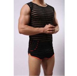 Tank tops men Sexy Underwear Sleeveless Singlets Fashion Sheer Transparent undershirts See through Lace Gay clothing lingerie