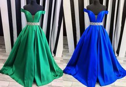 Fashion Royal Blue Green Evening Prom Dresses For Women Party 2018 Off the shoulder Bling Beaded Crystal Ribbon A line Satin Backless