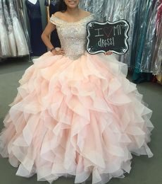 the Ragazza Off Shoulder Quinceanera Beaded Crystal Sweet Ruffles Tulles Ball Gown Prom Dresses Lace Up