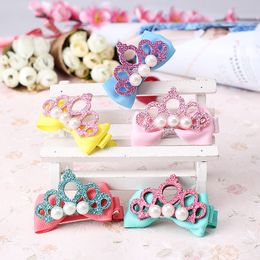 ashion Children Hair Clips Shiny Crown With Pearl Barrettes Ribbon Bow Crown Baby Girl Hair Pins Haar Speldjes Meisje