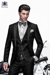 2018 Italian Custom Made Coat Black Peaked lapel Wedding Suits For Men Groomsmen Suits Groom Tuxedos For Men Bridegroom (Jacket+Pant+Vest)