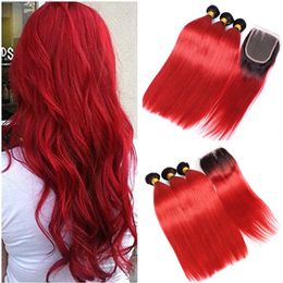 T1B Red Dark Root Ombre Peruvian Human Hair Weaves 3 Bundles with Closure Straight Ombre Red Bundle Deals with Lace Front Closure 4x4