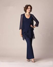 New Navy Blue Chiffon Mother Of the Bride Pant Suits Long Sleeves Plus Size Three Pieces Formal Mother Dress With Jacket Evening Party Gowns