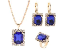2019 Hot sales Bridal Jewelry Set fashion Square Shape Luxurious crystal gemstone Earrings Ring Pendant Necklace 7 color selection