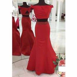 2019 Off The Shoulder Two Pieces Prom Dresses Mermaid Beading Pleats Criss Cross Backless Formal Party Dress Evening Gowns Plus Size