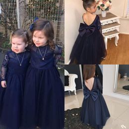 Dark Blue Flower Girl Dresses With Bow Ball Gown Girls Pageant Dress Open Back Long Sleeves Beauty Girls Party Birthday Gowns