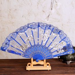 Hot sell 500pcs/lot Spanish style rose flower design plastic frame lace silk hand fan, Chinese craft folding fan