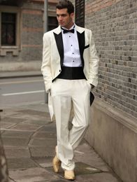 2018 Ivory Long Men Suits Peaked Lapel Tailcoat Wedding Suits Bridegroom Custom Made Slim Fit Formal Tuxedos Best Man Prom Jacket+Pants