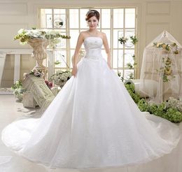 Vestidos De Novia Embroidery Lace Long Train Gown Bridal Dress Bow Plus Size Lace Wedding Dress 2018 Princess with Crystal Cheap