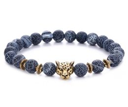Hot Selling 8mm Black Beaded Strands Bracelets Weathered Agate Alloy Gold/Silver Leopard Head Beads Hand Wrist Ring Jewellery