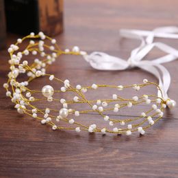 Multi layered netted bridal handmade pearl hair band headwear wedding dress accessories belt