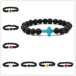 8 Colors Cross 8mm Black Lava Stone Beads Bracelet Essential Oil Perfume Diffuser Bracelets Stretch Yoga Jewelry Drop Shipping