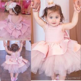 Lovely Baby Toddler Birthday Dress Lace Sleeveless Beads Bow First Communion Dress Cute Fluffy Knee Length Tulle Flower Girl Dresses