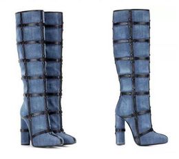 2018 Knee High Boots Winter shoes Colour Black Women Ladies'shoes Sexy Motorcycle Boots for Women Snow Blue Denim Boots