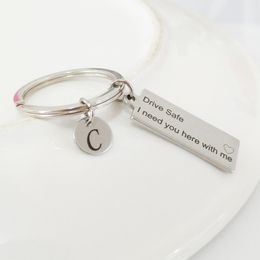 Customized A-Z 26 Letters Charm Keychain Jewelry Engraved Drive Safe I need you here with me Couples Gifts Key Rings