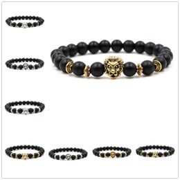 8 Styles 8MM Matted Black Stone Beads Leopard Lion Head Bracelet Antique Gold Silver Women Men Fashion Bracelet Jewellery Animal