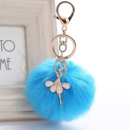 New Lovely Rhinestone dance girl Key Chain women cute 8cm Faux Fur PomPom ball Car Key Ring Bag Accessories Gift Jewelry