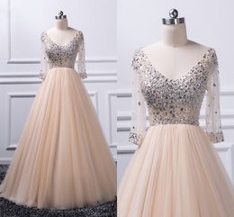 Empire Waist A-line Prom Dress Champagne V-neck Sheer Long Sleeve Crystal Beaded Draped Formal Dress Evening Gowns Real Image Graduation