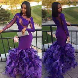 African Purple Long Sleeves Evening Dresses Sheer Neck Lace Appliques Tiered Tulle Mermaid Prom Dress Vestidos Black Girls Party Gowns