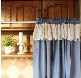 XYZLS New Mediterranean Blue and Lace Cupboard Screen Kitchen Curtains Cafe Curtain Short Panel Door Curtain Window Treatment