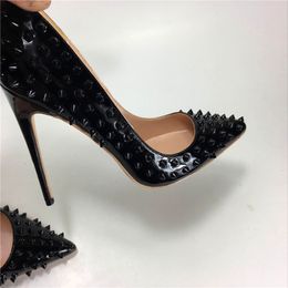 2018 Newest Full Rivets Women Black Patent Leather Pumps Sexy Pointy Toe Ladies 12CM High Heels Fashion Party Size 33-45