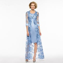 setwell sky blue lace mother of the bride dresses 3/4 sleeves mother of the groom dress with jacket custom evening gowns