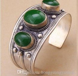Unisex Vintage Oval Green Jade Stone Bead Cuff Bracelet Bangle Tibet Silver