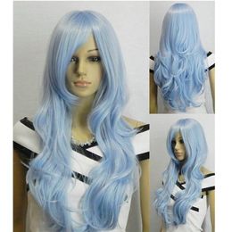 33" Heat Resistant Curly Wavy Long Cosplay Halloween Wigs For Women Light BLUE