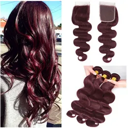 Colored #99J Virgin Indian Wine Red Human Hair Weaves with Closure Body Wave Burgundy 4x4 Lace Closure with Human Hair Bundles Deals