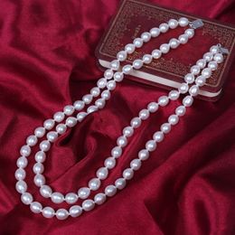 Hand Knotted natural 2 rows fresh water white rice 8-9mm pearl necklace 18-19" fashion Jewellery
