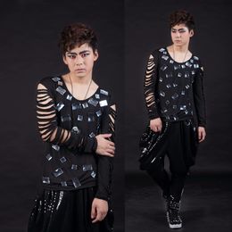 Tide Male Long Sleeve T-Shirts Hollow Out Black Crystals Polo Shirts Nightclub Bar Men Singer DJ Stage Wear Star Concert Performance Costume