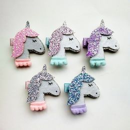 20pcs/lot New Horse Colourful Kids Glitter Felt Hairpin Animals Girl Cute Pink Unicorn Hair Clip Hairpin Synthetic Leather Baby Clips