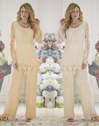 Plus Size Mothers Pant Suits Jewel Neckline Lace Illusion Long Sleeves Two Pieces Mother Of The Bride Dresses DH365
