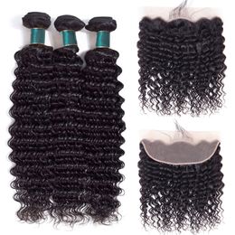 10A Deep Wave Human Hair Bundles With Frontal Brazilian Cuticle Aligned Hair 3 Bundles With Ear To Ear Closure 13x4 Lace Frontal Extensions