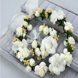 9colors White Women Silk Flower Princess Crown Head Wreath wristband Set Lady Artificial Foam Flowers Wedding Bridal Crown Bracelet Set