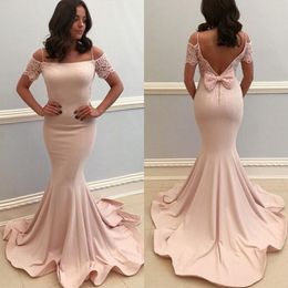 2019 Fit Mermaid Prom Dresses Long Formal Evening Party Gowns Spaghetti Straps Off the Shoulder Short Lace Sleeves Prom Gowns with Bow