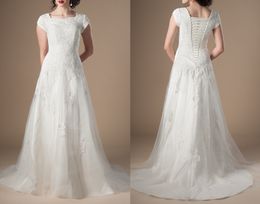 Neue Vintage-Spitze, lange, bescheidene Brautkleider mit Flügelärmeln, schlichtes Tüll-Korsett für Damen, LDS-Brautkleider, mit Ärmeln, tiefer Taille, A-Linie