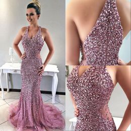 with Evening Beaded Dresses and Crystal Mermaid Plunging Blush Pink Prom Back Zipper Custom Made Formal Party Gowns